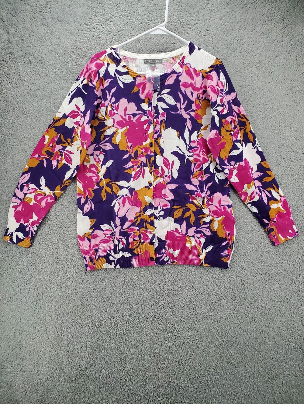 Jessica London Floral Cardigan Sweater Womens Size 12 Vibrant Purple Pink Cotton